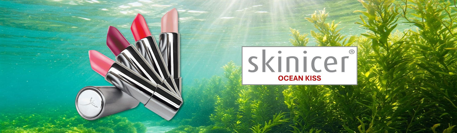 skinicer® OCEAN KISS – Anti-Aging Lippenpflegestift mit Spiralin® in vier Farben: Nude, Classic Red, Dark Red und Coral Pink