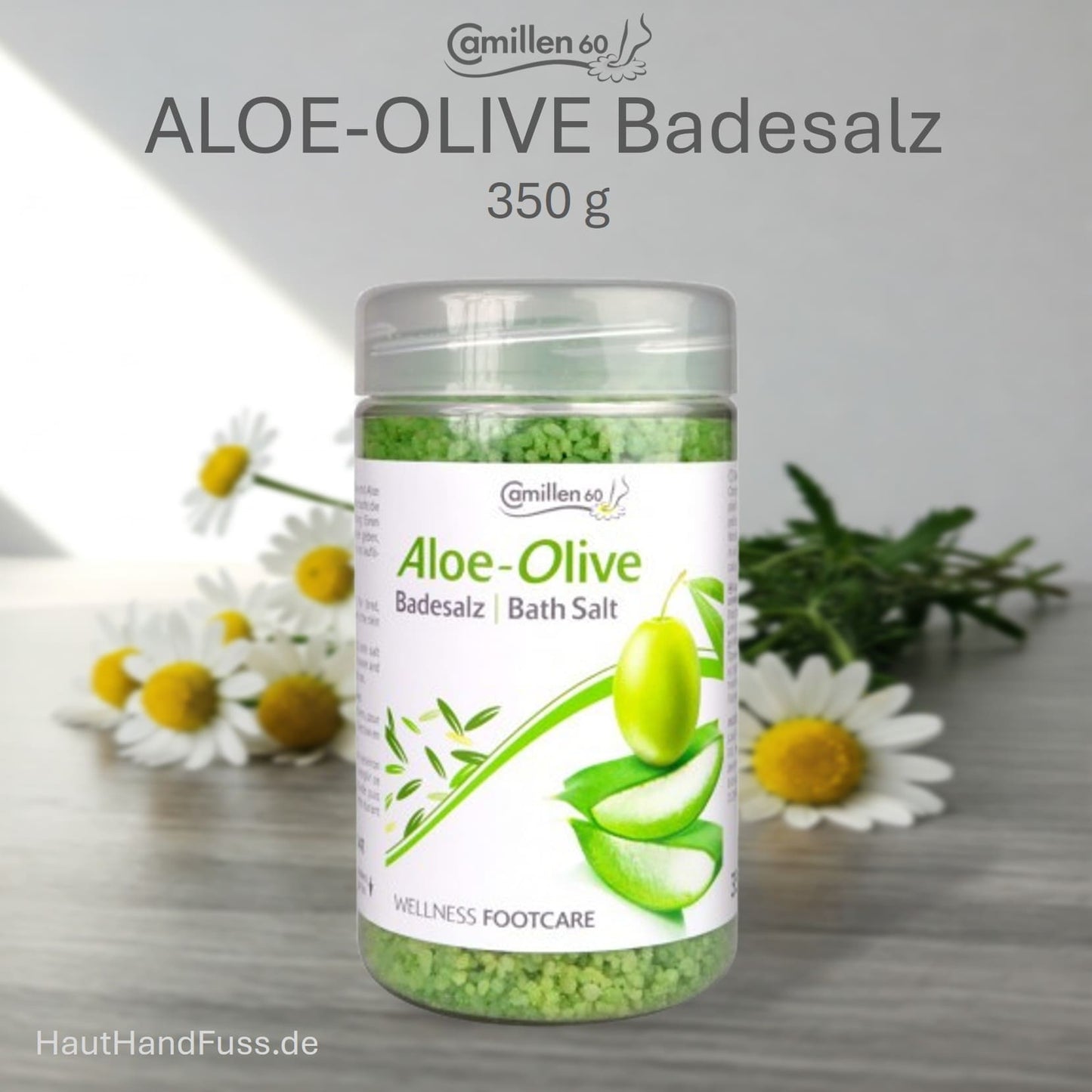 Camillen 60 Aloe Olive Badesalz 350 g sanfte Reinigung mit sinnlichem Duft bei HautHandFuss.de