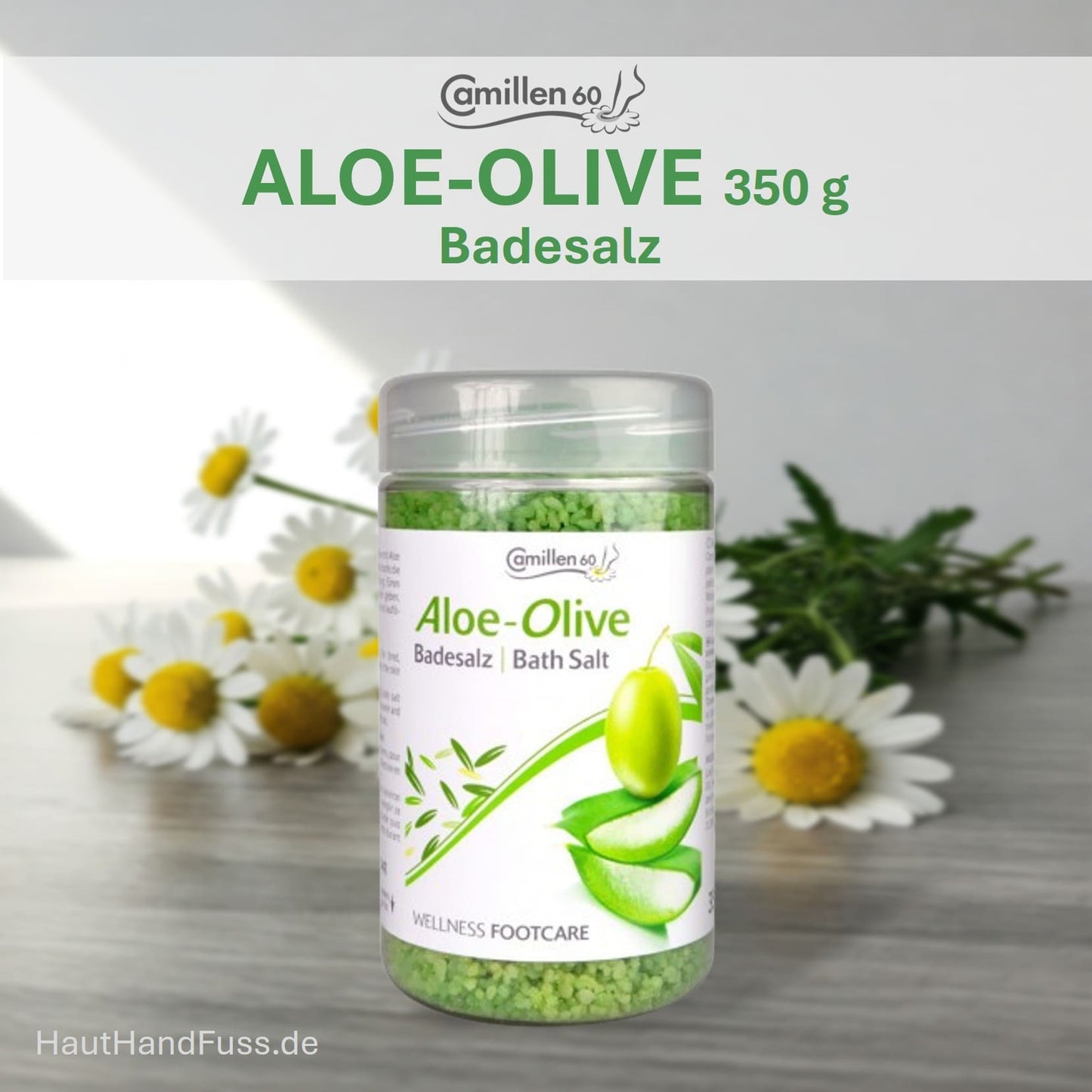 Camillen 60 Aloe Olive Badesalz 350 g sanfte Reinigung mit sinnlichem Duft bei HautHandFuss.de
