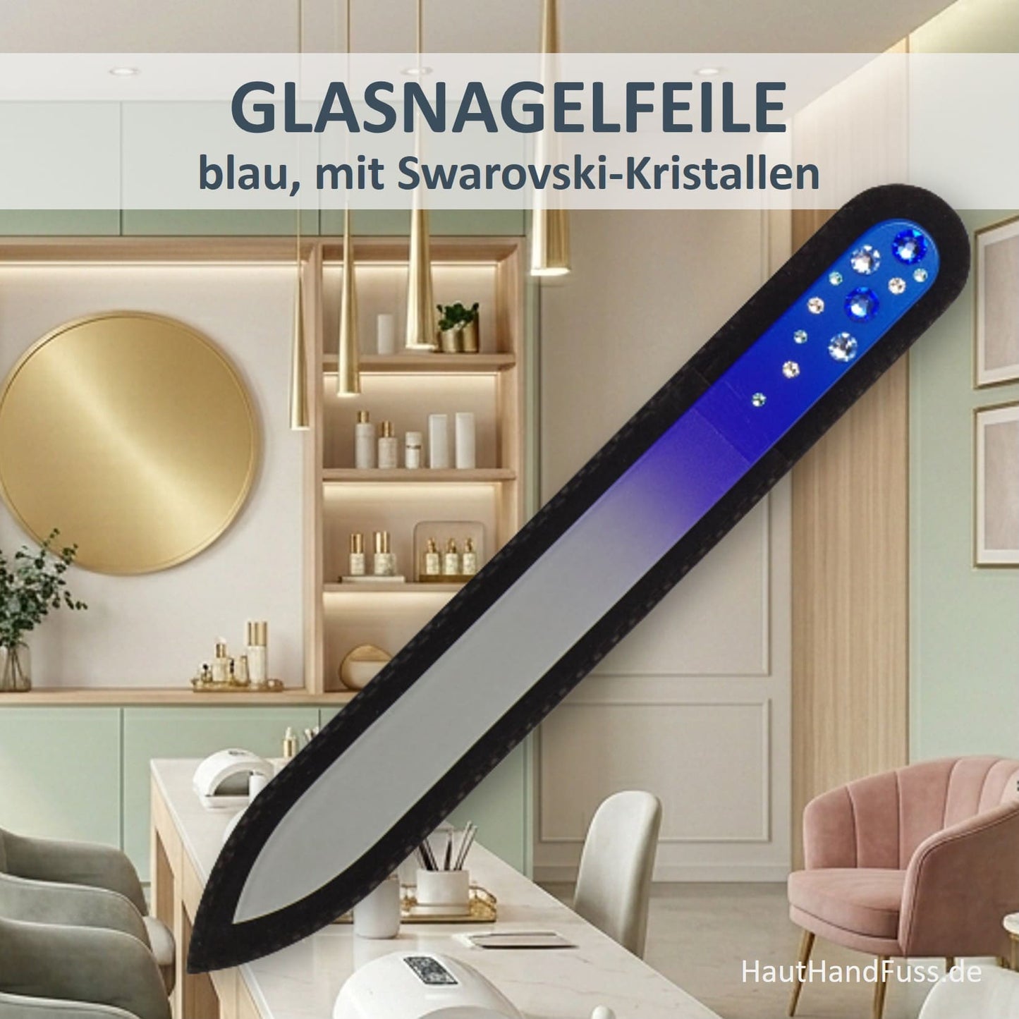 Glasnagelfeile blau mit Swarovski-Kristallen im schwarzen Samt-Etui bei HautHandFuss.de