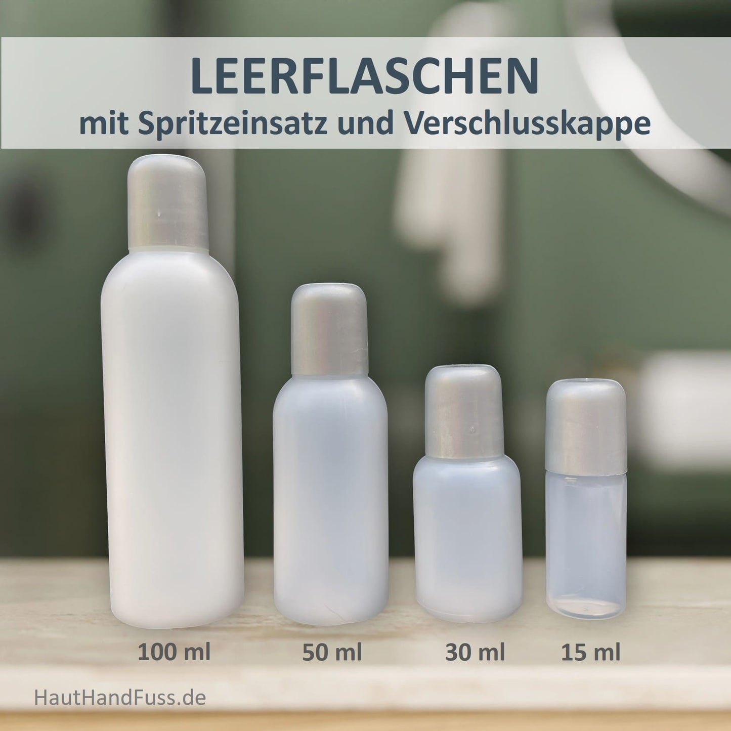 Leerflaschen mit Spritzeinsatz und Verschlusskappe als perfekte Reisegrößen bei HautHandFuss.de