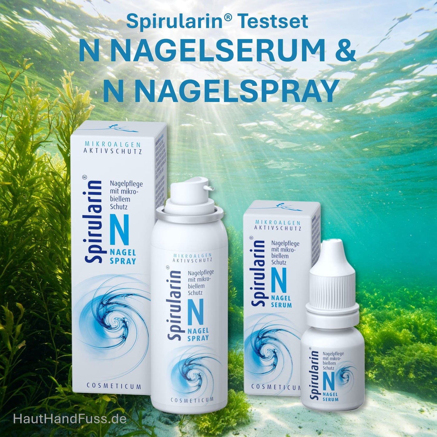 Testset Spirularin agelserum und Nagelspray für geschädigte Nägel bei HautHandFuss.de