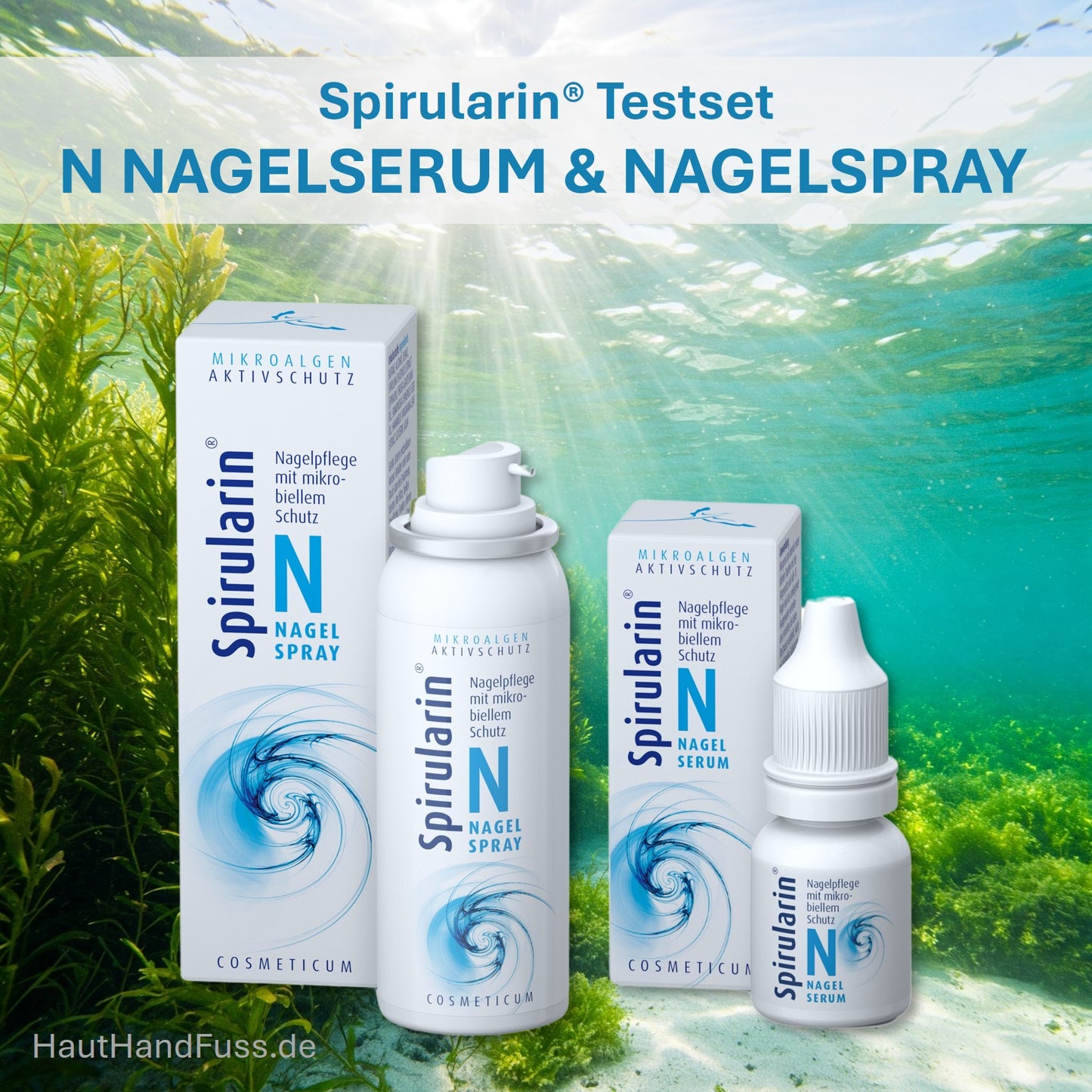 Testset Spirularin agelserum und Nagelspray für geschädigte Nägel bei HautHandFuss.de