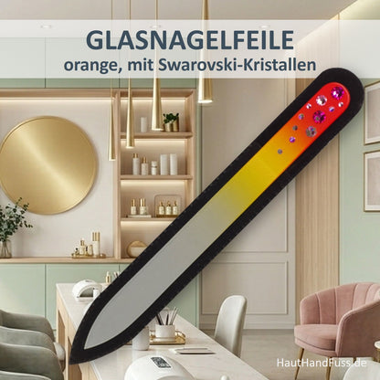 Glasnagelfeile orange mit Swarovski-Kristallen im schwarzen Samt-Etui bei HautHandFuss.de