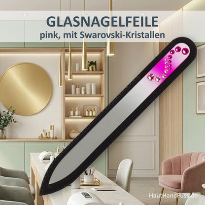 Glasnagelfeile pink mit Swarovski-Kristallen im schwarzen Samt-Etui bei HautHandFuss.de