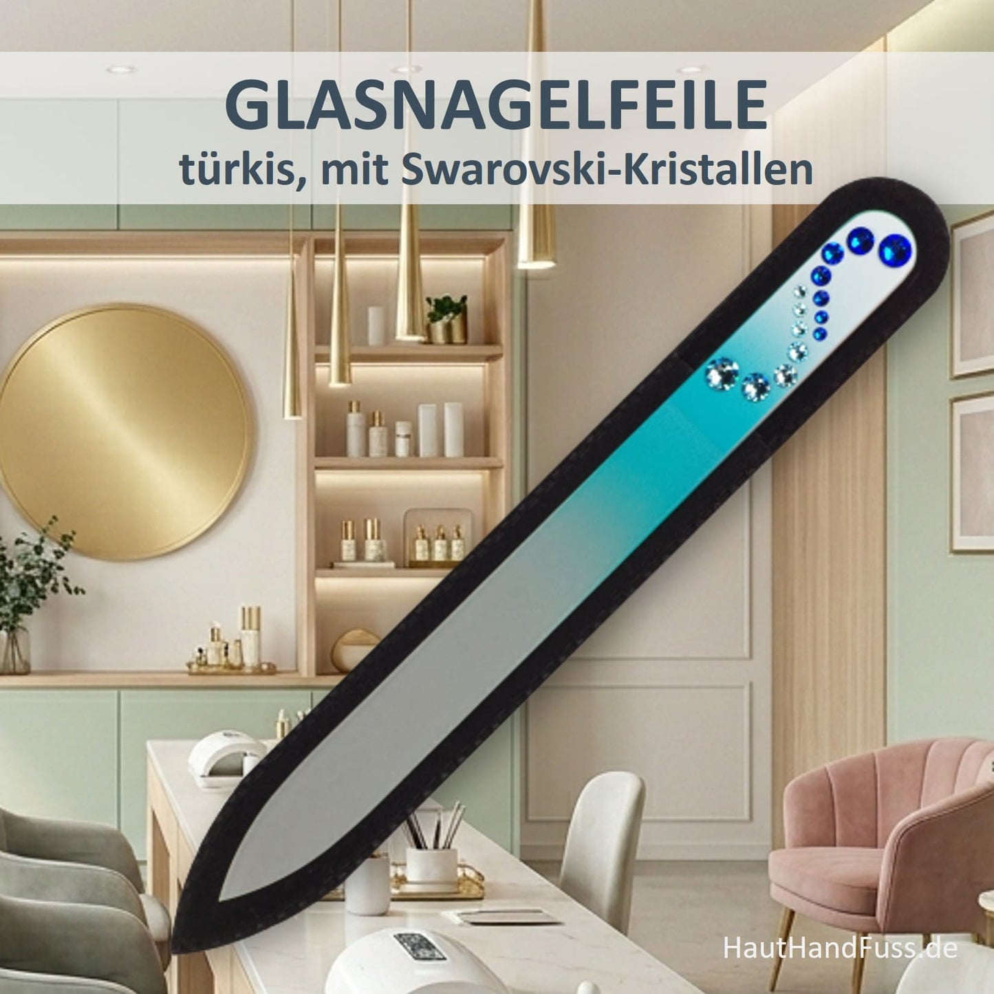 Glasnagelfeile türkis mit Swarovski-Kristallen im schwarzen Samt-Etui bei HautHandFuss.de
