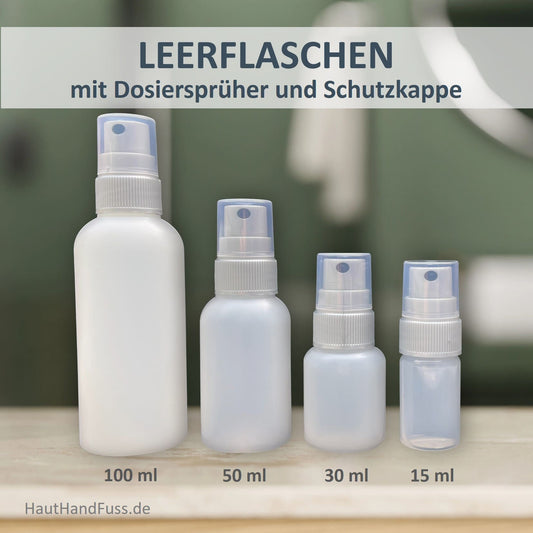 Leerflaschen für sprühbare Kosmetika mit Schutzkappe bei HautHandFuss.de