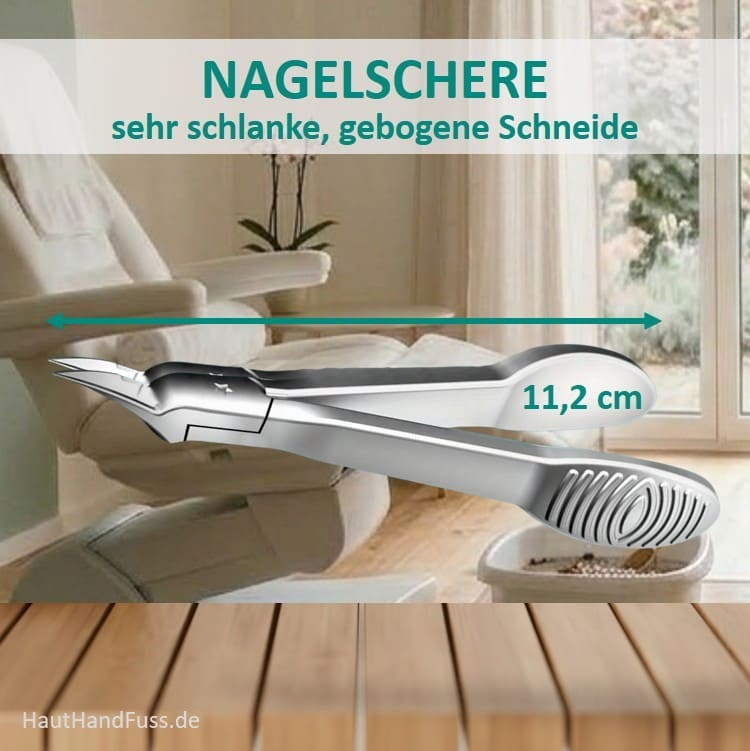 Nagelschere | Eckenschere - 11,2 cm lang, extrem schlanke, gebogene Schneide, sehr scharf bei HautHandFuss.de