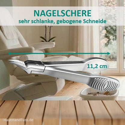 Nagelschere | Eckenschere - 11,2 cm lang, extrem schlanke, gebogene Schneide, sehr scharf bei HautHandFuss.de